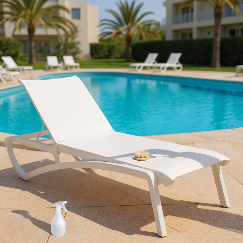 an image of a chaise lounge with cleaning supplies around it