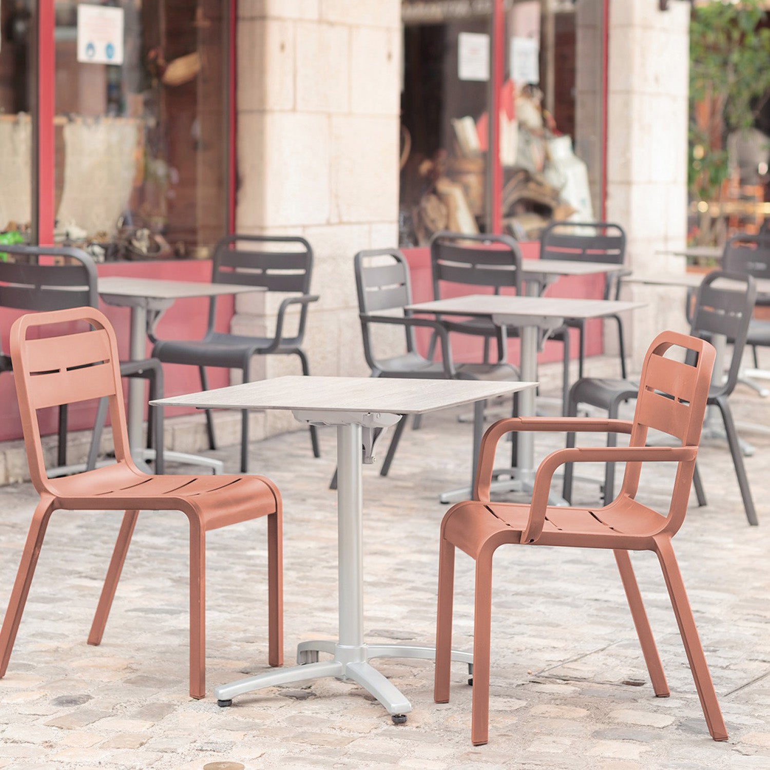 Dining chairs on a outdoor restaurant patio