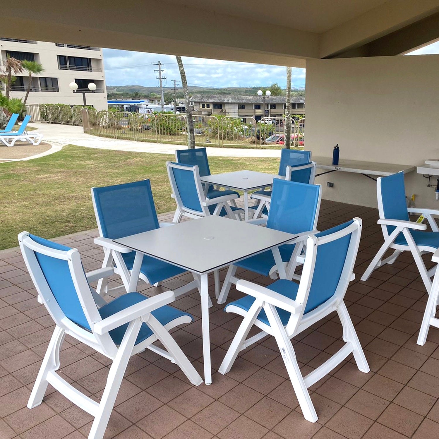 Holiday Tower features Grosfillex Folding Chairs and Sunset Tables