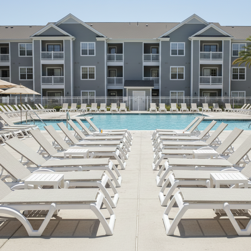 Pool area with lounge chairs and apartments in the background