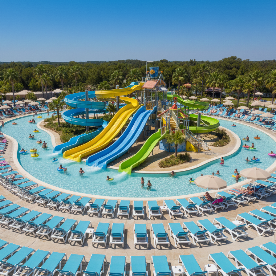 Aerial view of a water park with slides and chaise lounges around a pool