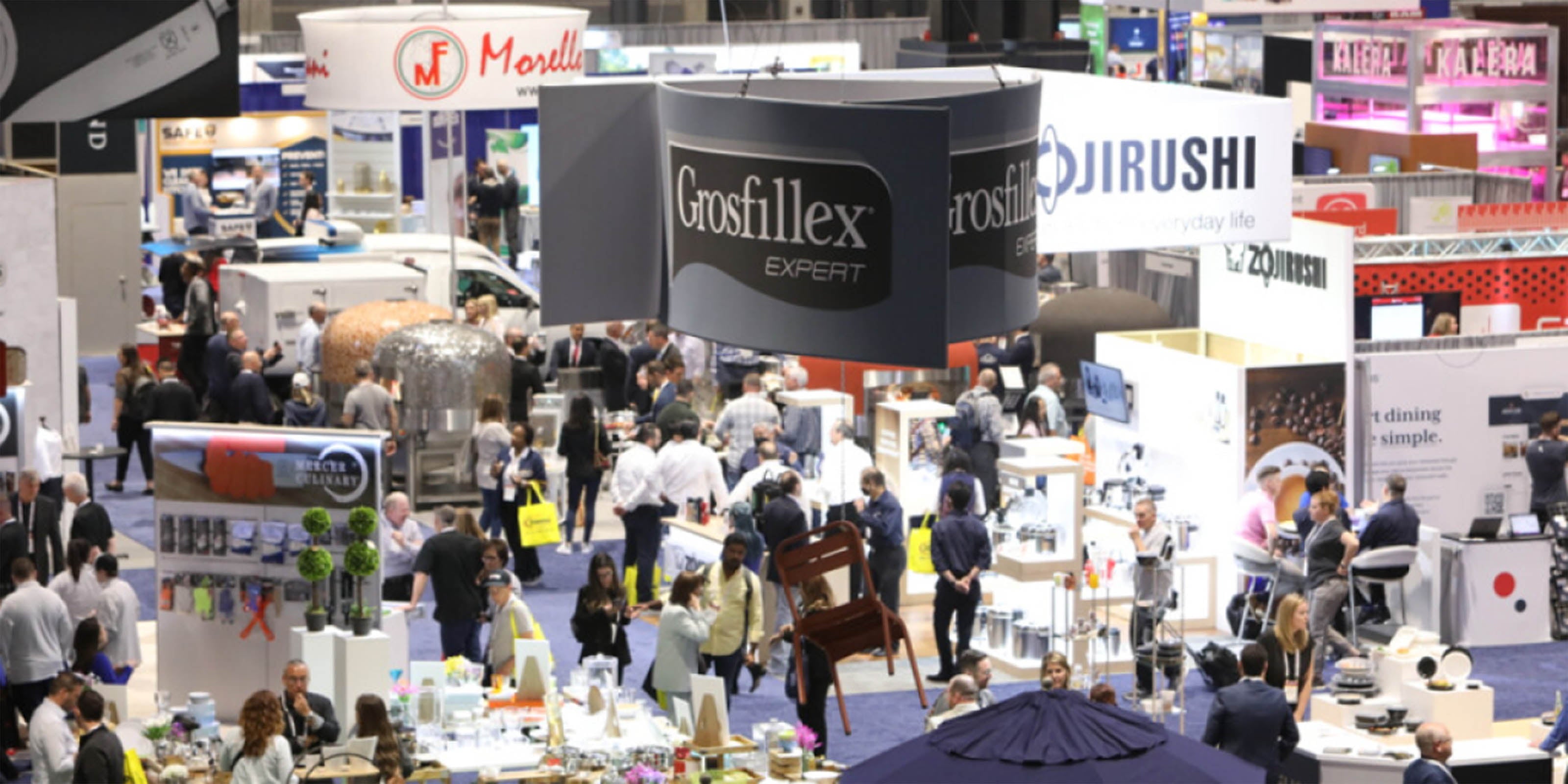 Photo of a Grosfillex booth from an areal view that overlooks the shows venue below it